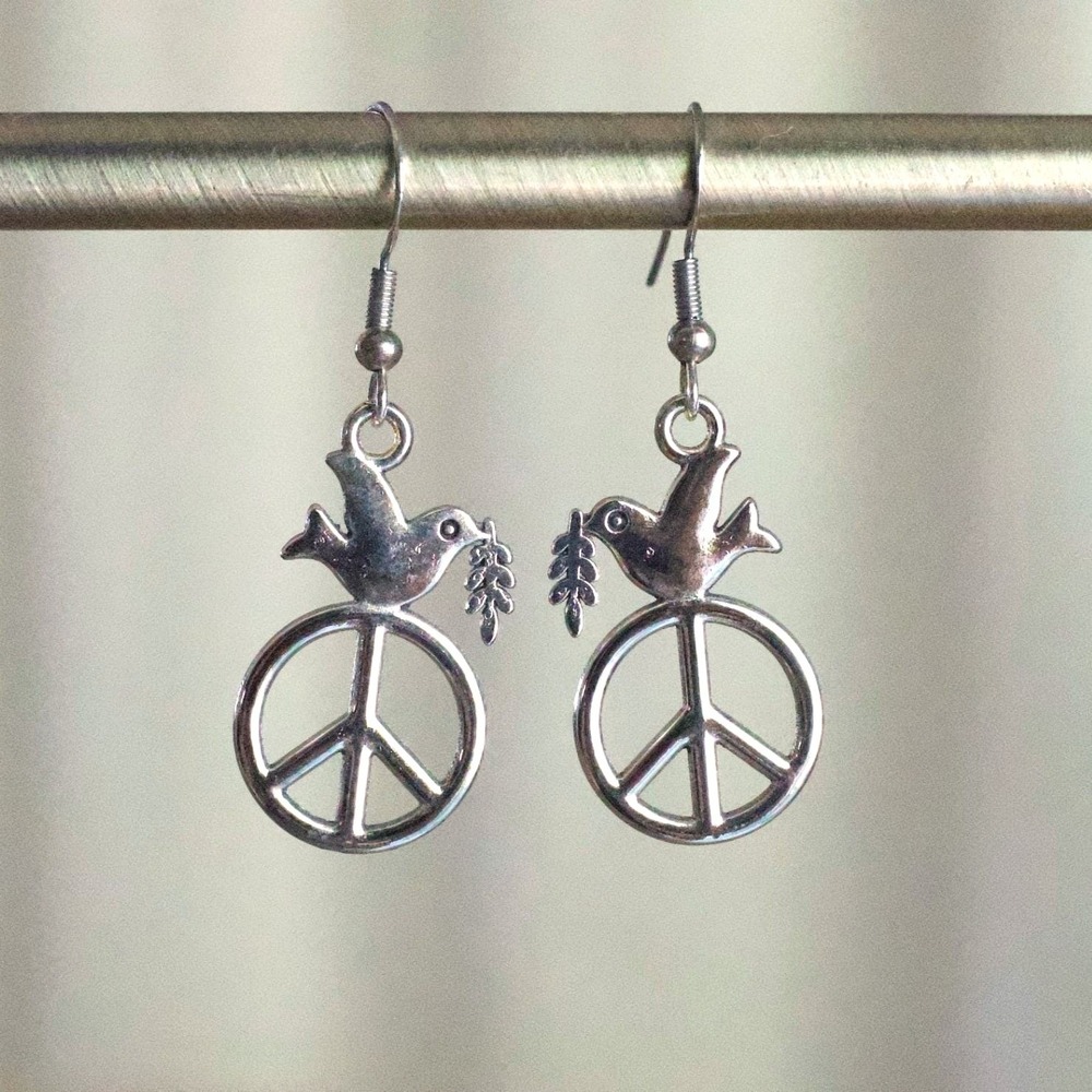 Handmade Silver Tone Peace Sign‎ Dove Olive Branch Dangle Earrings Fishhook Drop